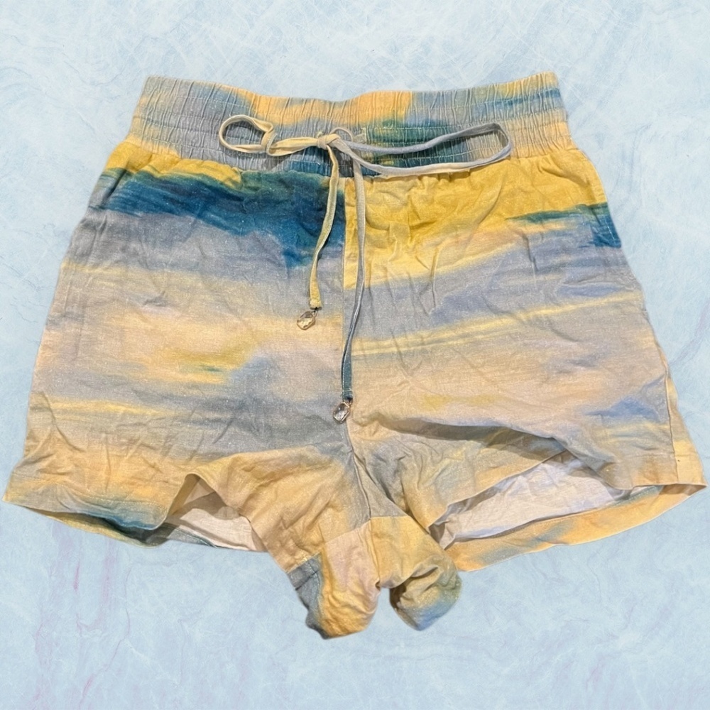 Adrienne Landau Onyx Blue Yellow Watercolor Drawstring Shorts Sample S/M